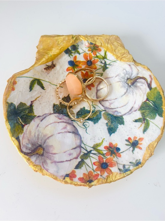 Hand Crafted Jewelry - Handmade scallop shell trinket dish with autumnal pumpkin decoupage design